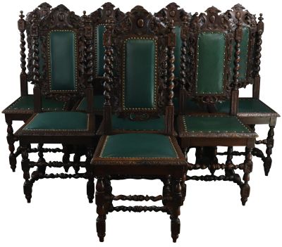 Antique Dining Chairs Hunting Set 8 Carved Oak, Green Vinyl Upholstery French