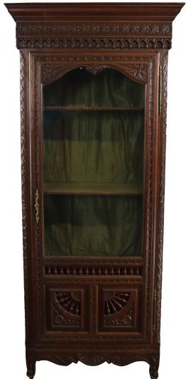 Antique Display Cabinet Brittany French Glass Door Ship Wheels Chestnut Narrow