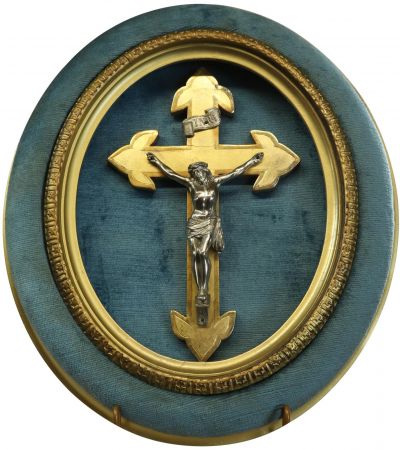Antique Framed Crucifix Cross Religious Gold Blue Black White/Cream Polished