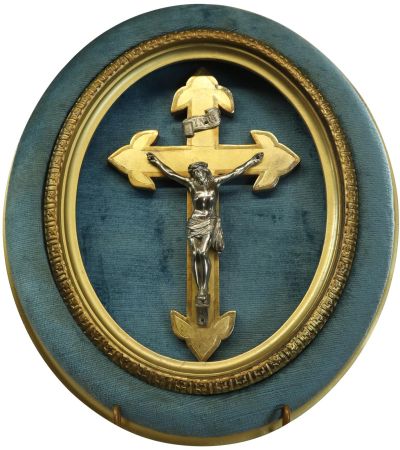 Antique Framed Crucifix Cross Religious Gold Blue Polished Nickel Wood Ve
