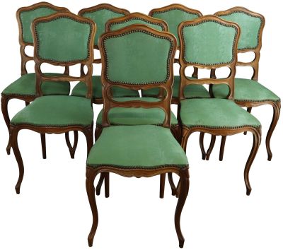 Antique French Dining Chairs Set 6 Louis XV Rococo Turquoise Blue Upholstery