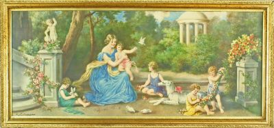 Antique German Color Lithograph, Art Nouveau, Classical Scene of Mother/Children