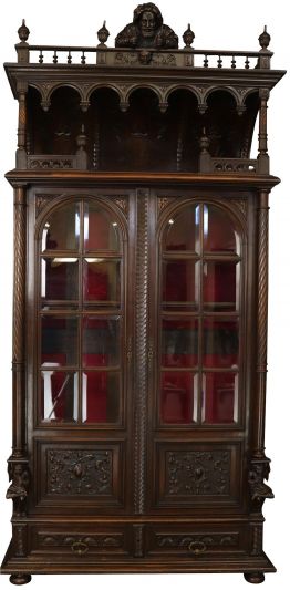Antique Jester Bookcase French Renaissance Carved Walnut Jester Figures, Glass