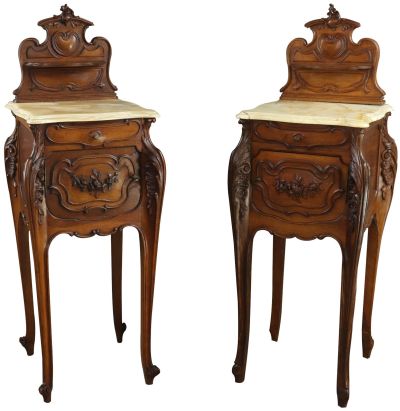 Antique Nightstands Louis XV Rococo Pair Walnut Wood Marble Top Heart Carvings