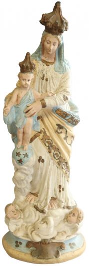 Antique Sculpture Religious Madonna Our Lady of Victory Cream Sky Blue
