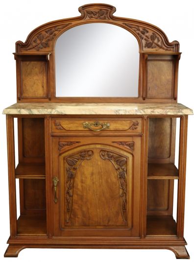 Antique Server Sideboard Art Nouveau Walnut Pine Cone Mirror Peach Red Marble