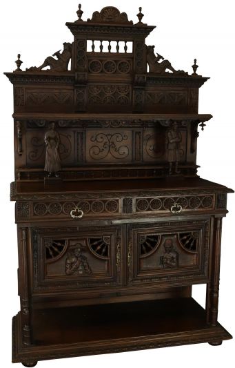 Antique Server Sideboard Brittany Chestnut French Heavily Carved Figures 1890