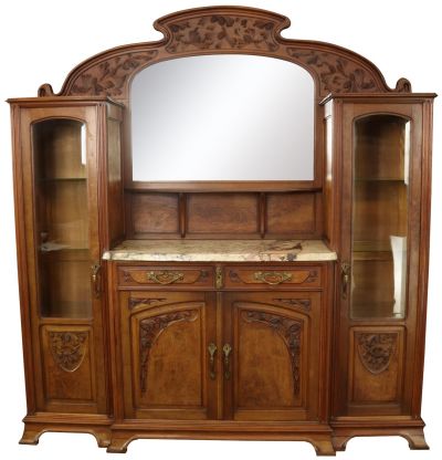 Antique Sideboard Art Nouveau Pine Cone Carved Walnut Mirror Marble Glass Doors