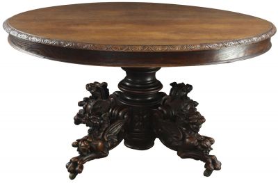 Antique Table French Hunting Carved Beasts Lions Dragons Pedestal Oak 1880