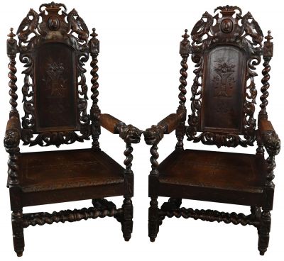 Antique Thrones Pair Hunting Renaissance Carved Winged Griffin Oak Arm Chair