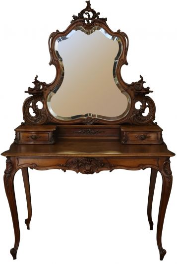 Antique Vanity Louis XV Rococo Pretty Carved Walnut Large Mirror Drawers