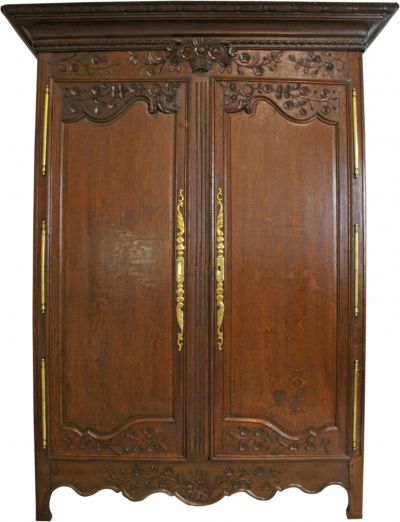Armoire Antique French Country Farmhouse 1900 Large Solid Oak Floral Roses Brass