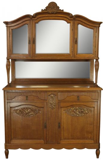 Art Deco Buffet 1920, French Mid-Century Modern Carved Oak, Mirror Back