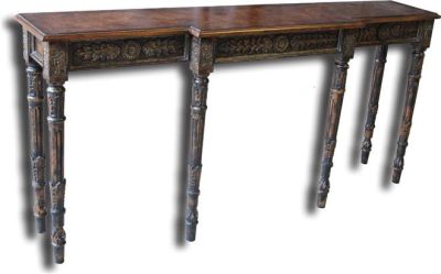 Console Table Italian Cluster Burl, Gold Accents, 6 Carved Turned Wood Legs