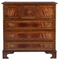 Chest of Drawers English Flame Mahogany Banded Inlay, Brass Hardware, 6-Drawer