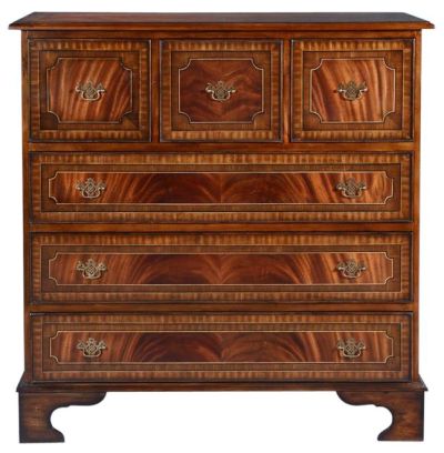 Chest of Drawers English Flame Mahogany Banded Inlay, Brass Hardware, 6-Drawer