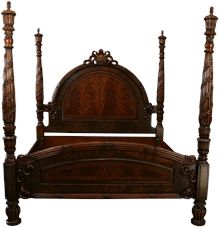 King Poster Bed, Lavish Carved Pierced Crest, Fluted Spiral Posts, Mahogany