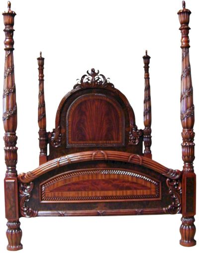 Queen Poster Bed, Opulent Carved Crest, Fluted Spiral Tall Posts, Mahogany
