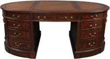 Partners Desk Flame Mahogany Wood, Hand-Tooled Leather, Oval Desk