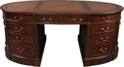 Partners Desk Flame Mahogany Wood, Hand-Tooled Leather, Oval Desk