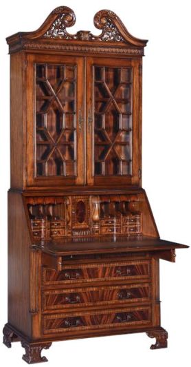 Secretary Desk Bookcase, Glass Panes, Mahogany, Leather, Carved Bracket Feet