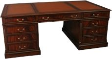 Desk English Style, Rich Mahogany, Antiqued Brass Handles, 16-Drawer, File