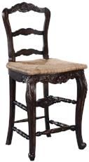 Counter Stool French Country Farmhouse Distressed Walnut Wood Carving, Rush Seat