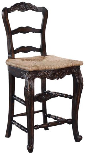Counter Stool French Country Farmhouse Distressed Walnut Wood Carving, Rush Seat