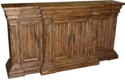 Sideboard Cathedral Reclaimed Wood, Linen Fold 4 Doors Heavy Cornice Moldings