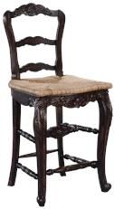Bar Height Stool French Country Carved Wood, Handwoven Rattan Seat