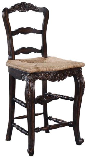 Bar Height Stool French Country Carved Wood, Handwoven Rattan Seat