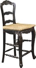 Bar Stool French Country Farmhouse Blackwash Floral Wood Carving Hand Rush Seat