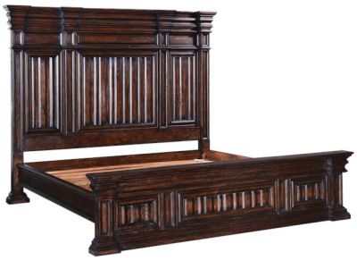 Bed King Cathedral Gothic Linen Fold Cornice Molding Dark Rustic Pecan Wood