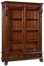 Bookcase Carved Lion Heads Claw Foot Mahogany, Antiqued Hardware, 2 Door Drawers