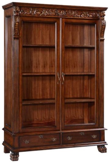 Bookcase Carved Lion Heads Claw Foot Mahogany, Antiqued Hardware, 2 Door Drawers