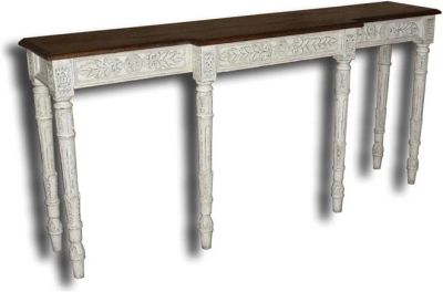 Console Table Italian Distressed White, Rustic Carved Wood, Six Turned Legs