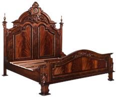 King Bed, Victorian Style Carved Double Arch, Flame Mahogany, Burl Inlay