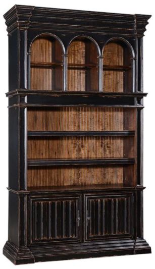 Bookcase Cathedral Antiqued Blackwash Wood, Old World Moldings, Bead Board