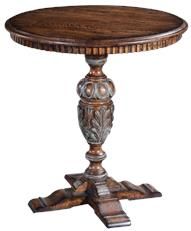 Lamp Table Round Belgium Carved Pedestal Swedish Moss Accents, Rustic Pecan Wood