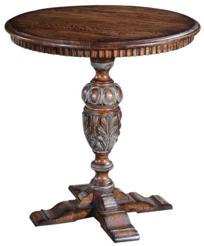 Lamp Table Round Belgium Carved Pedestal Swedish Moss Accents, Rustic Pecan Wood