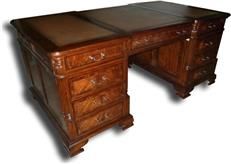 Office Desk English Mahogany Leather Top Banded Inlay Bracket Feet 8-Drawer