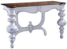 Console Portico Antiqued White Wood Old World Rustic Pecan Chunky Turned Legs