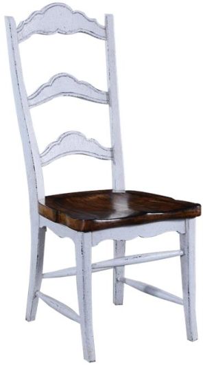 Side Chair Dining Colonial, Antiqued White Wood, Pecan Saddle Seat, Ladder Back