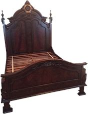 Queen Bed, Victorian Style Carved Double Arch, Flame Mahogany, Burl Inlay