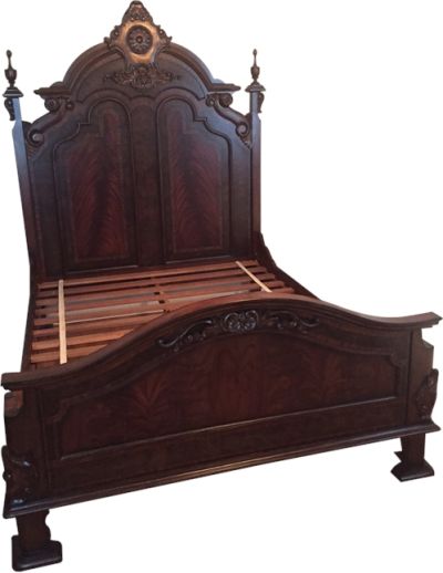 Queen Bed, Victorian Style Carved Double Arch, Flame Mahogany, Burl Inlay