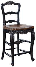 Counter Stool French Country Farmhouse Blackwash Wood, Floral Carved Saddle Seat