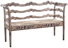 Bench Swedish Distressed White Carved, HandWoven Rush, Mortise Tenon