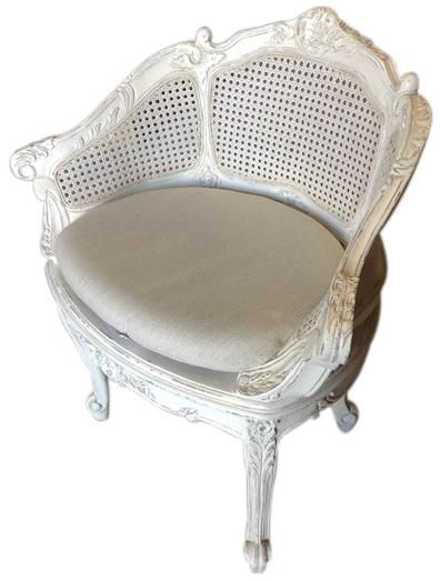 Vanity Chair Antiqued White Pretty Carved Wood Cane Back, Gray Linen Upholstery