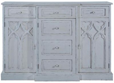 St Croix Console Cabinet Gothic Antiqued White Wood 3-Doors 3-Drawer