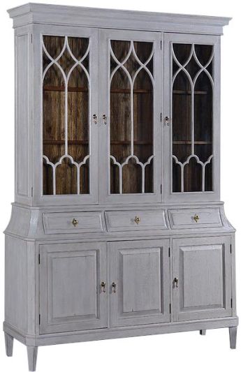 China Cabinet Rosalind Pewter Gray Solid Wood 3 Doors 3 Drawers Fretwork